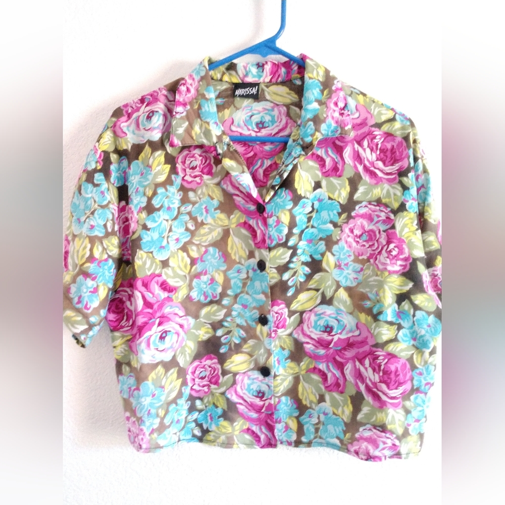 Charming Marissa Floral Crop Top Shirt Multicolor Short Sleeve Large Chest 40"